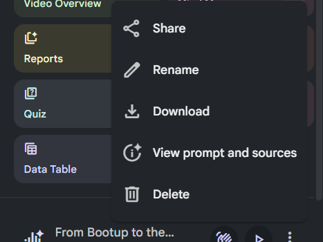 NotebookLM Audio Overview feature source selection panel