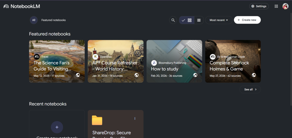 NotebookLM dashboard